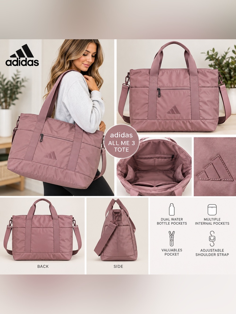 Adidas All Me 3 Tote Bag Magic Mauve Purple NWT Gym Travel Shoulder Bag